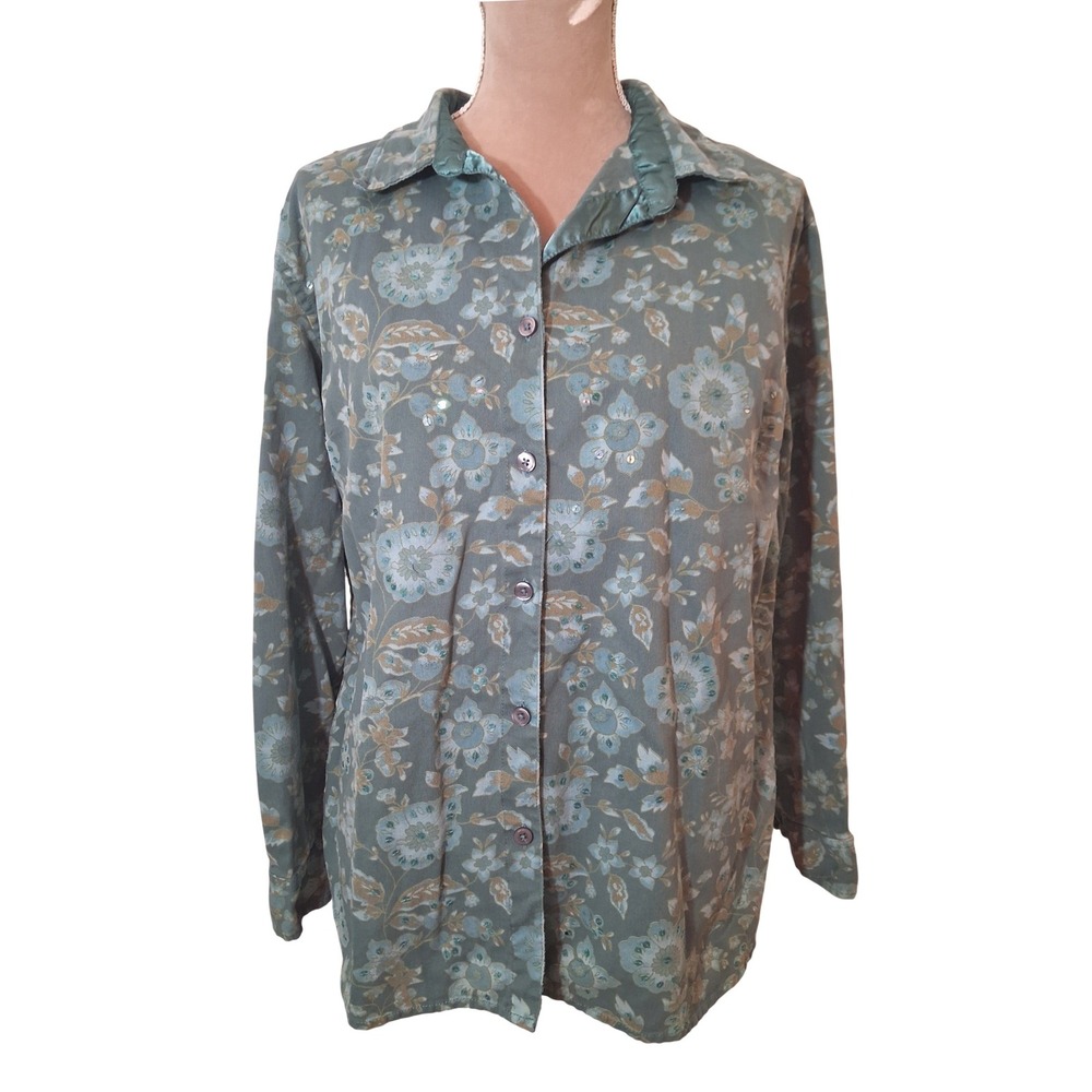 CJ Banks Christopher & Banks Green Floral Sequin Cotton Button Down Shirt 1X